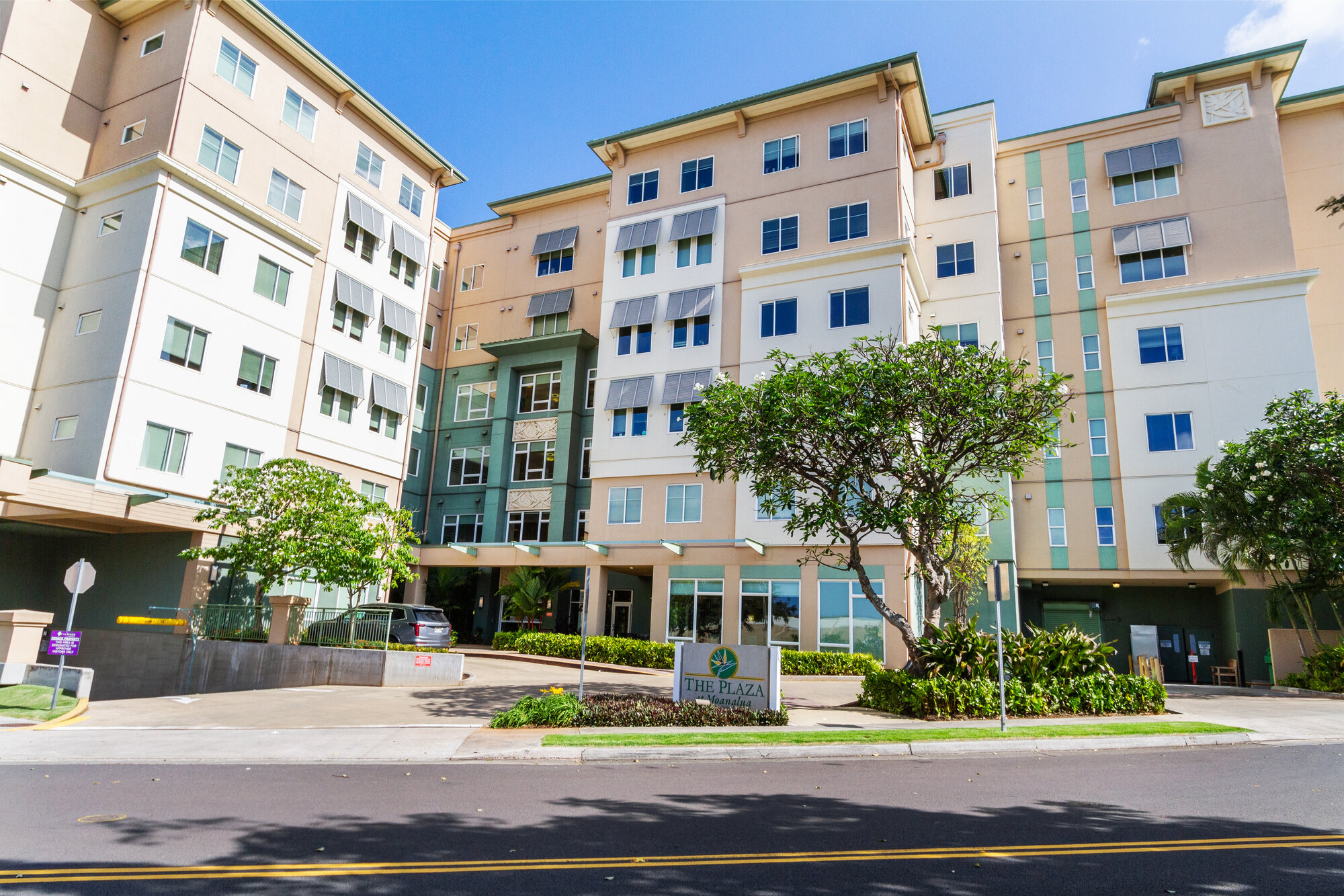 Main entrance of The Plaza Assisted Living at Moanalua senior communities.