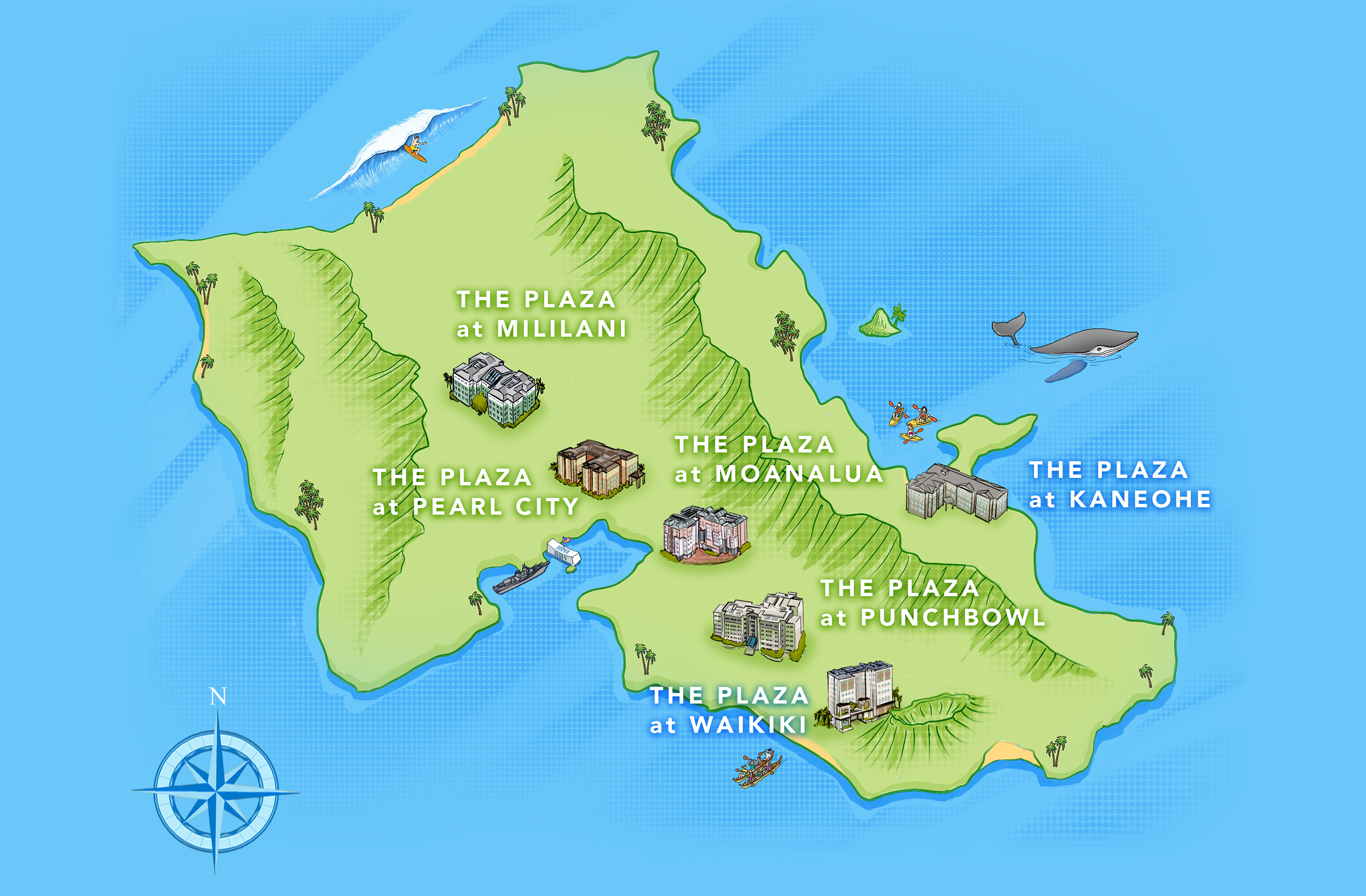 Map of Oahu showing The Plaza Assisted Living locations in Mililani, Pearl City, Moanalua, Punchbowl, Waikiki, and Kaneohe.