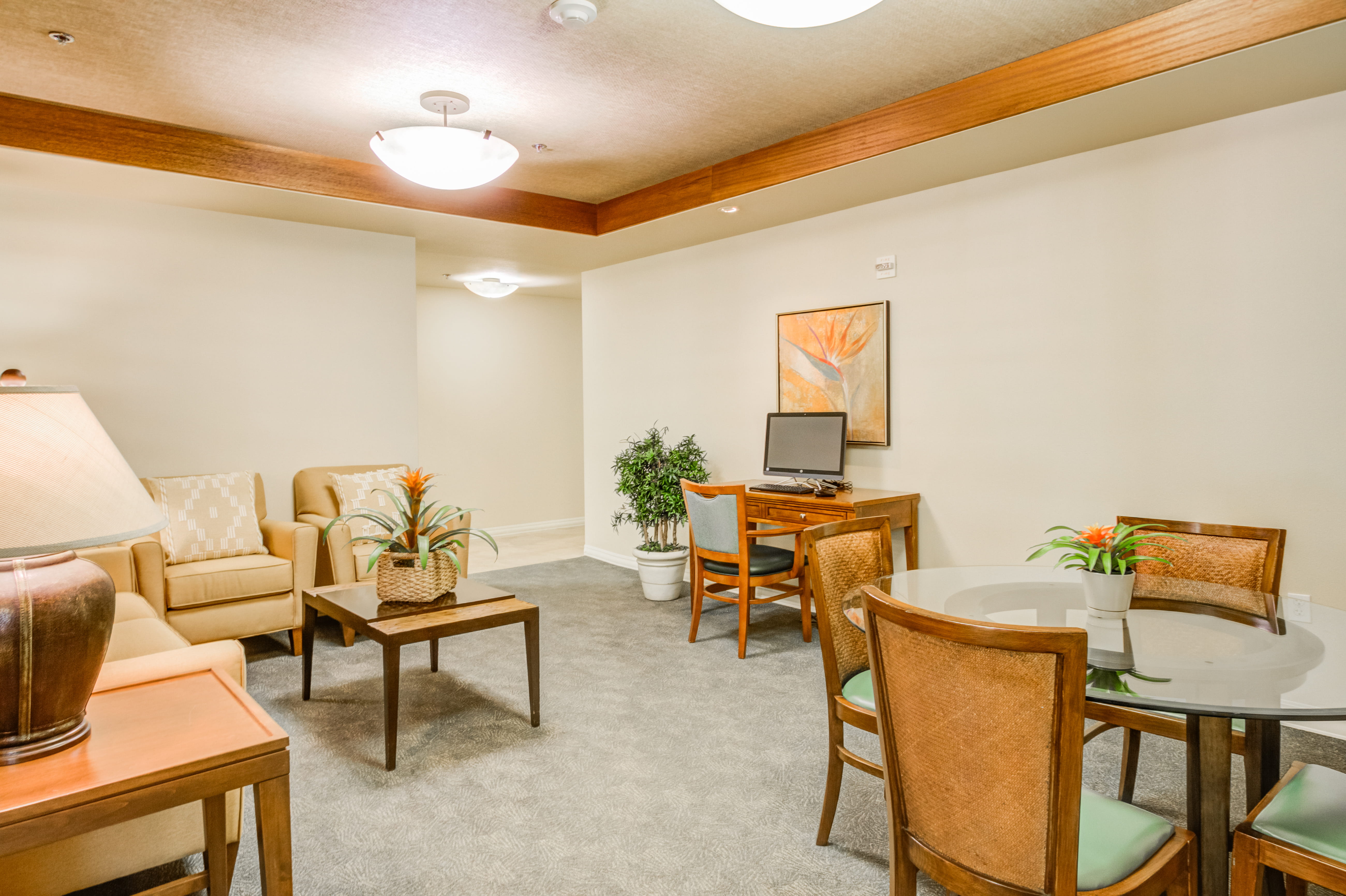 Resident business center and lounge at a short term care facility.