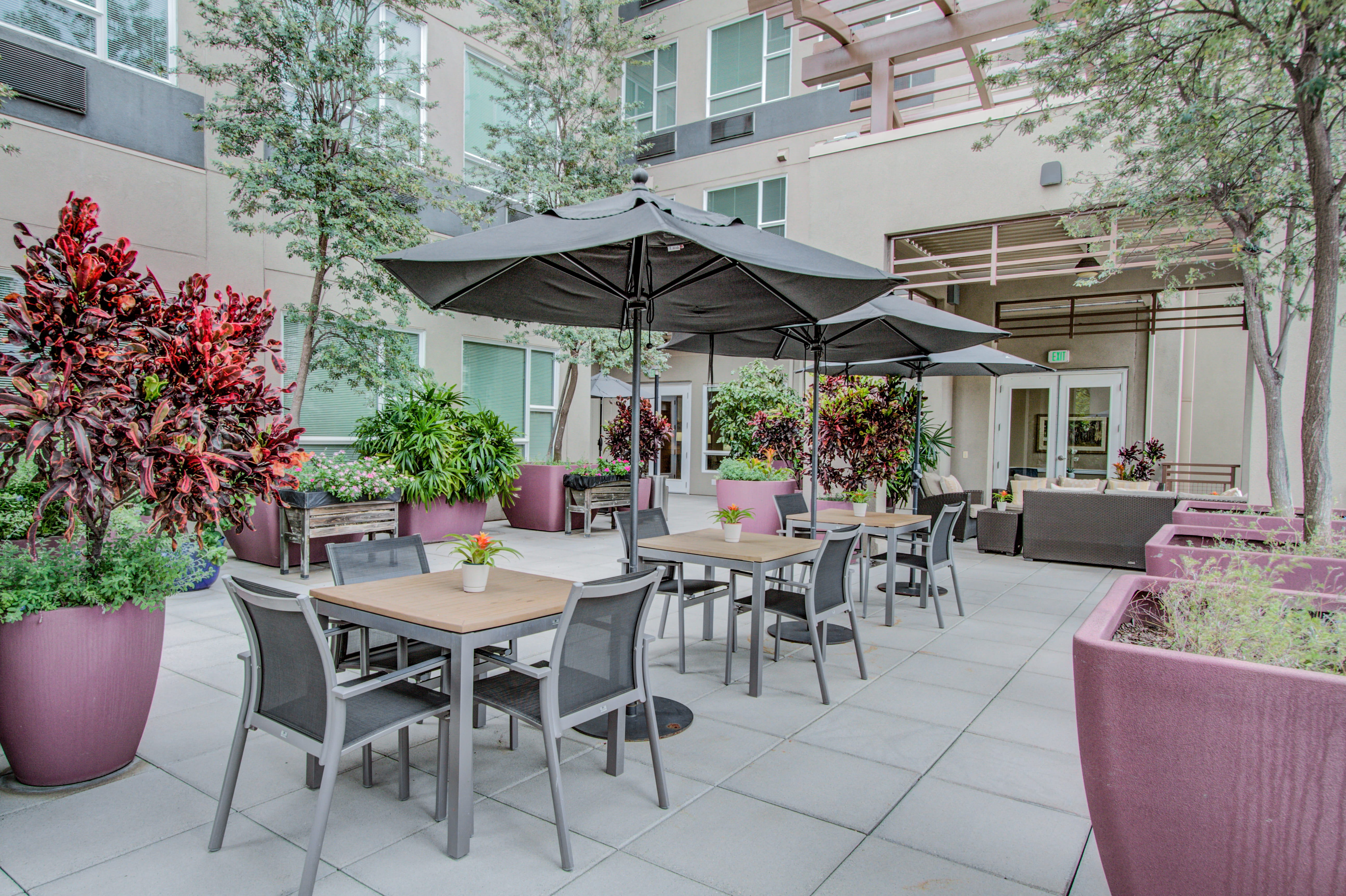 Urban outdoor courtyard with umbrellas and lush plants at The Plaza Assisted Living.