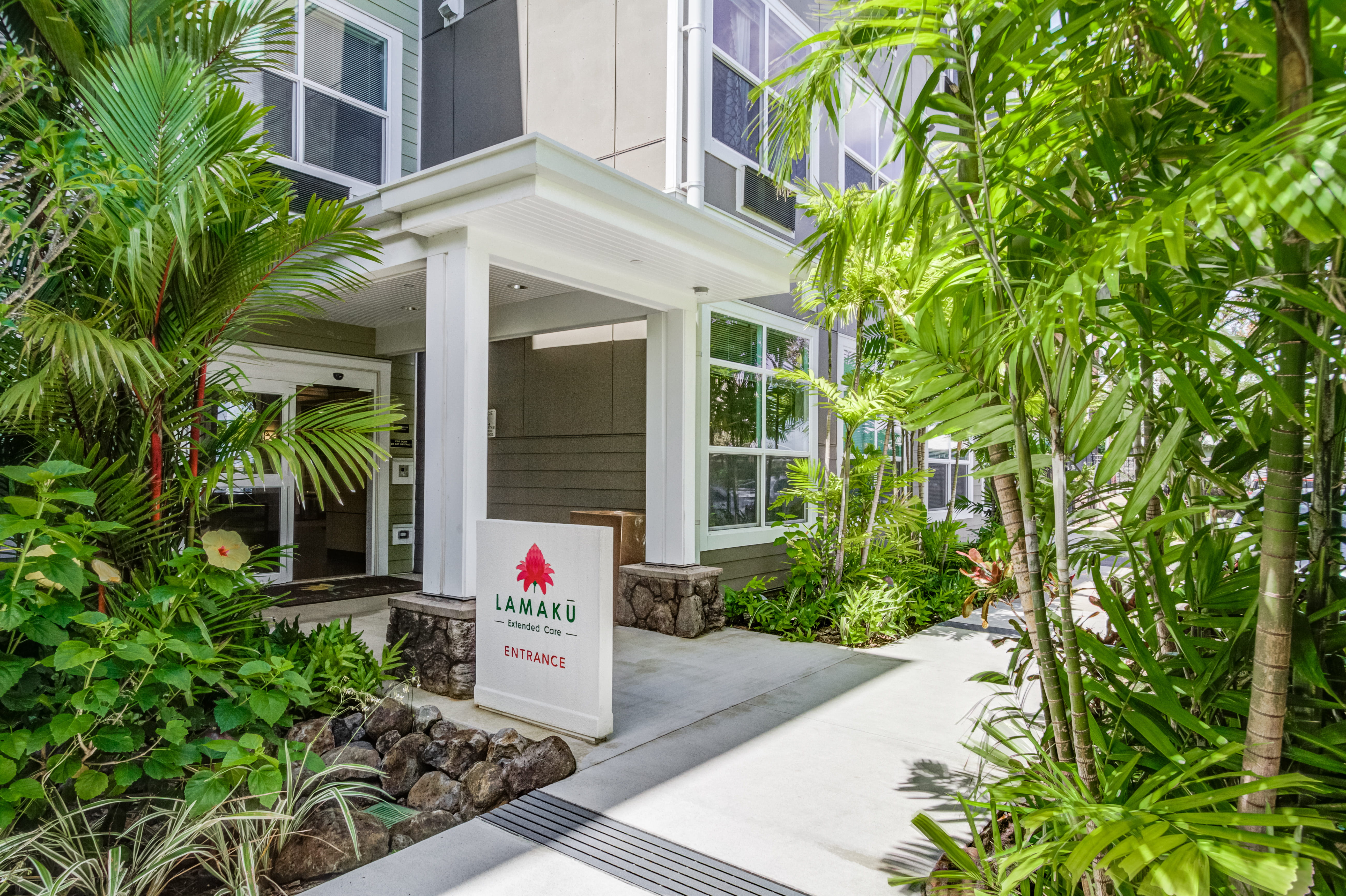 Entrance to Lamakū Extended Care at The Plaza Assisted Living Kaneohe.