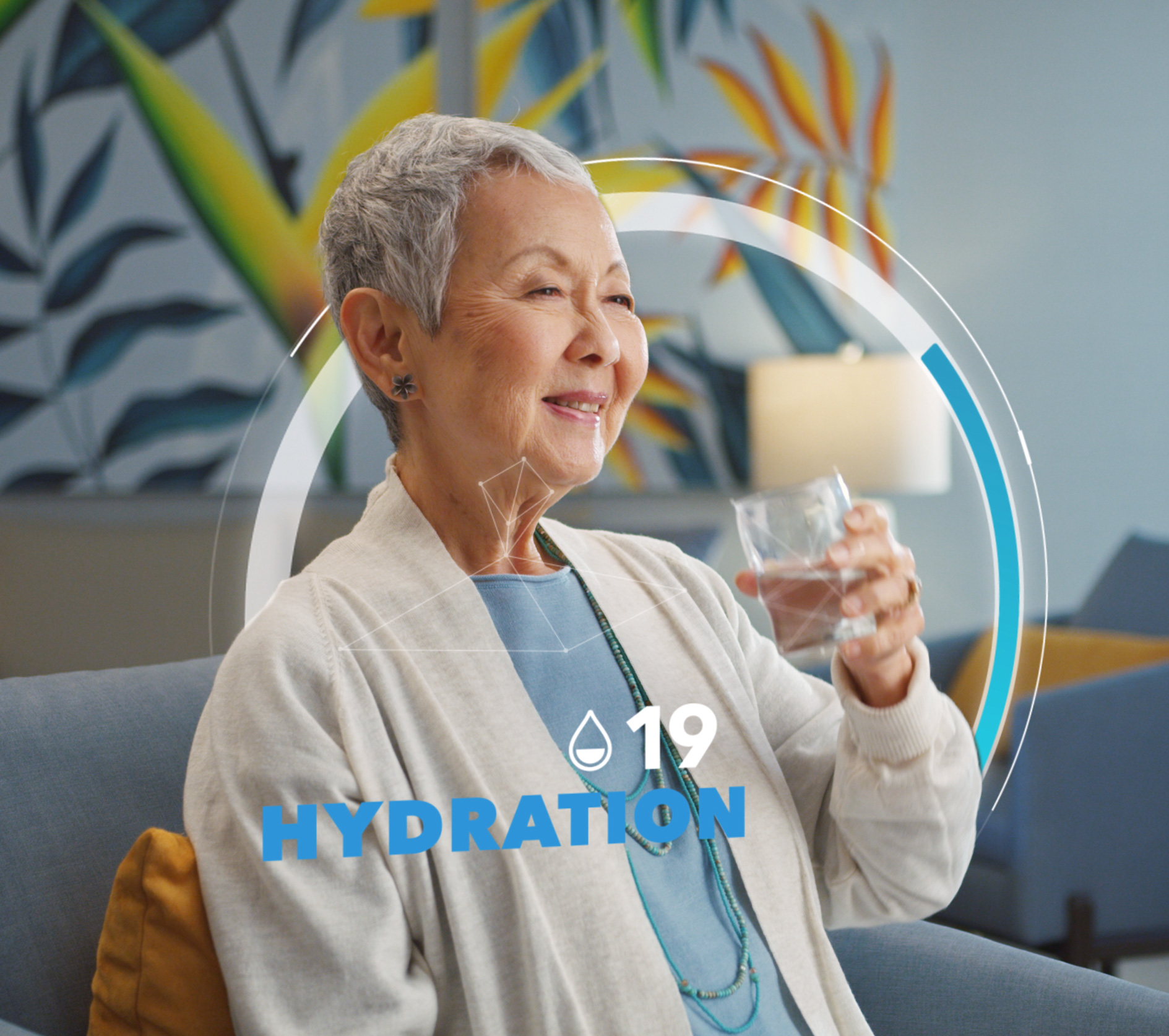 Senior woman drinking water with a Hydration wellness graphic.
