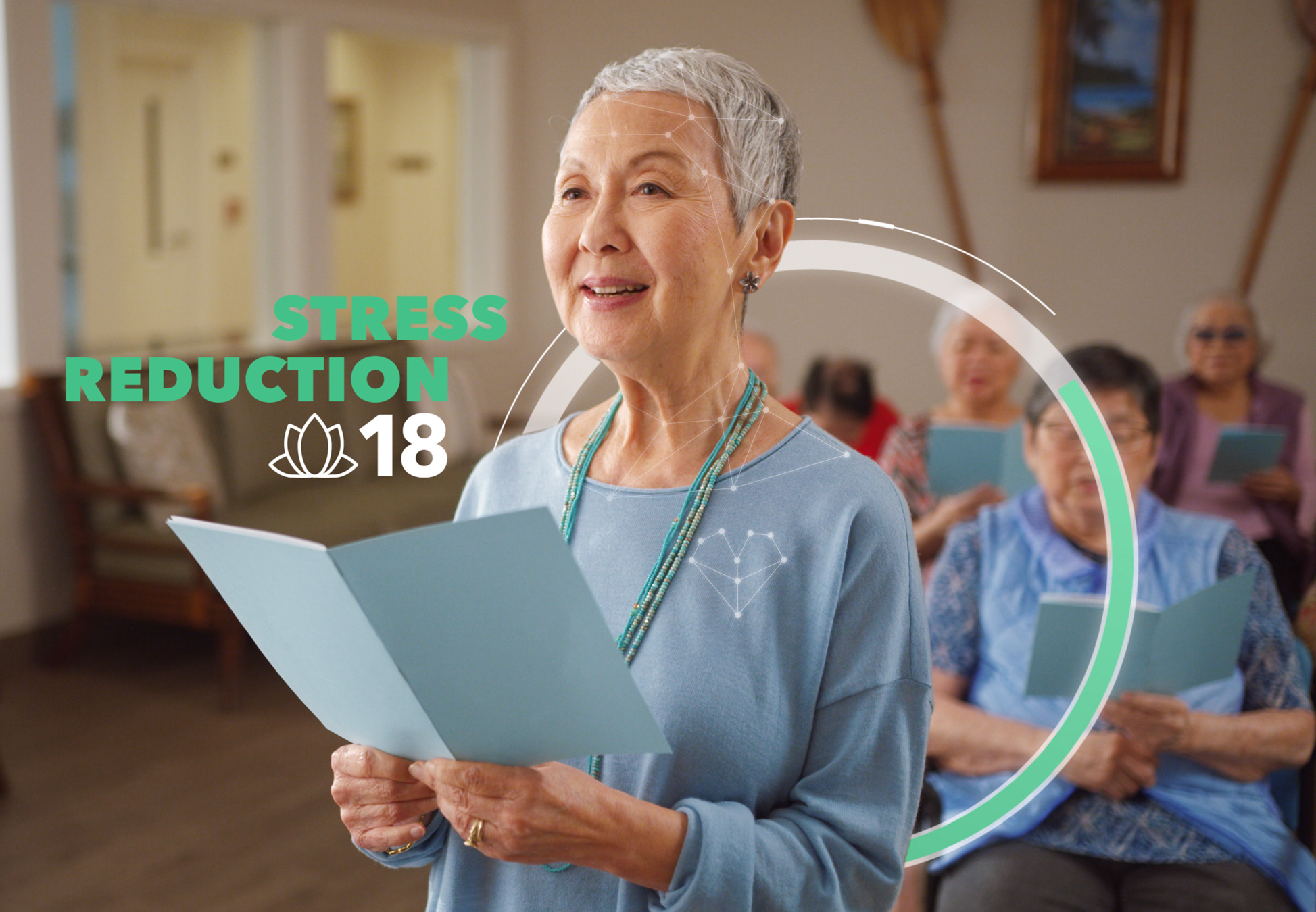 Resident singing with a Stress Reduction wellness graphic.